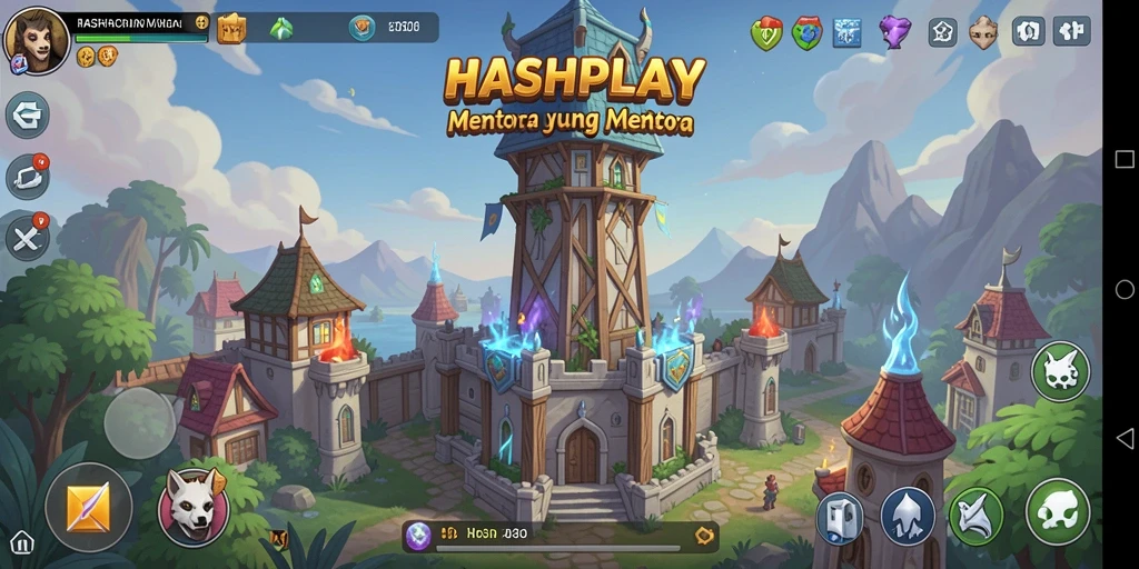Screenshot gameplay <strong>HASHPLAY</strong> yang menunjukkan menara dan strategi pertahanan.