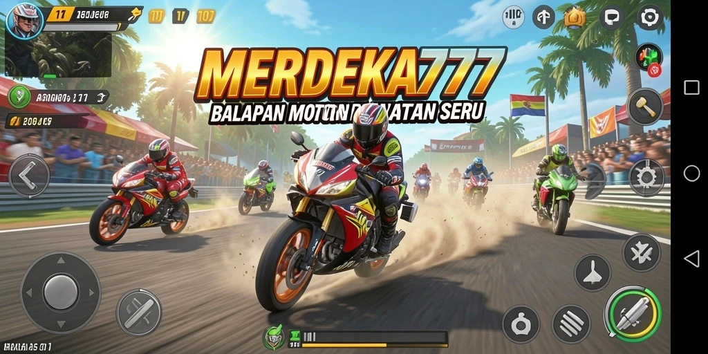 Tampilan gameplay seru dalam balapan motor MERDEKA777.